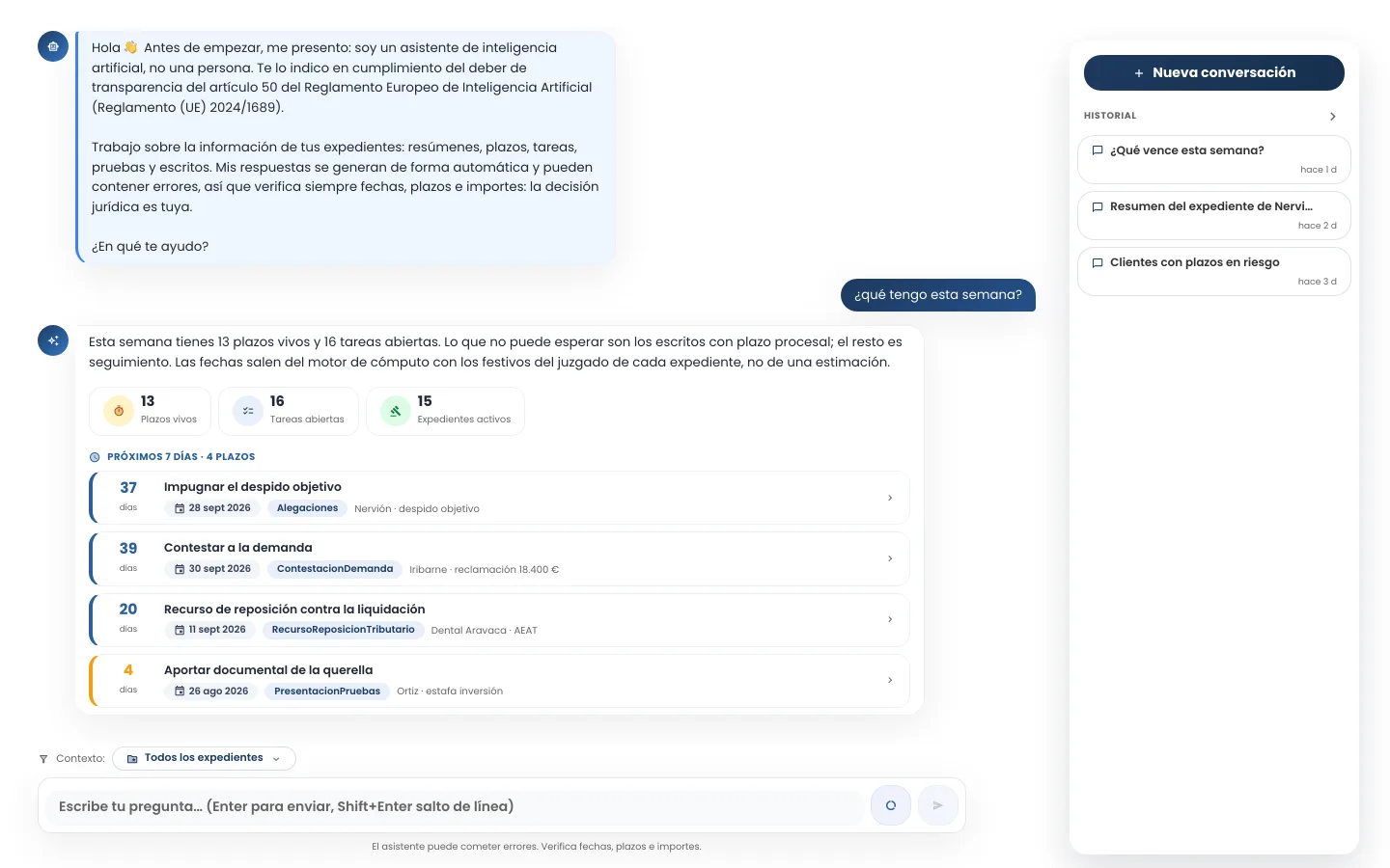 Asistente IA de pleitox respondiendo «¿qué tengo esta semana?» con los plazos vivos, las tareas abiertas y los expedientes activos de la cartera