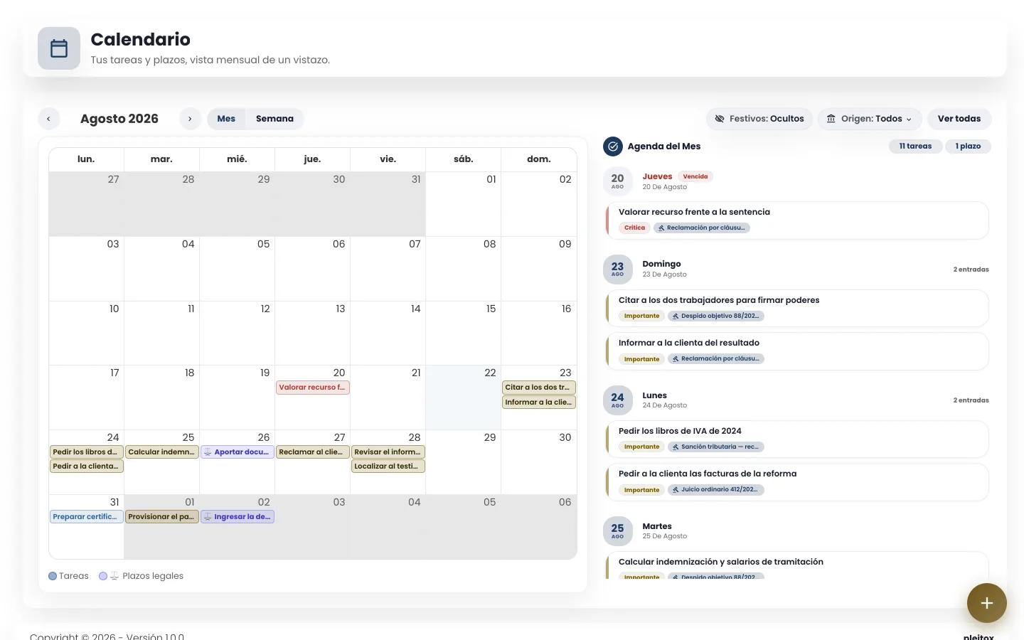 Calendario mensual de pleitox con los plazos y tareas del despacho y los festivos marcados