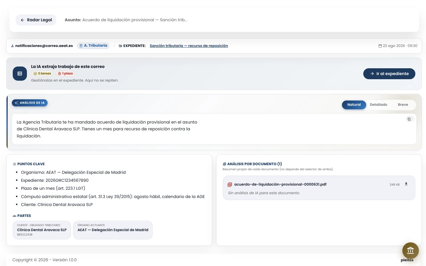 Una liquidación de la AEAT destilada: organismo, referencia, obligado y régimen de cómputo