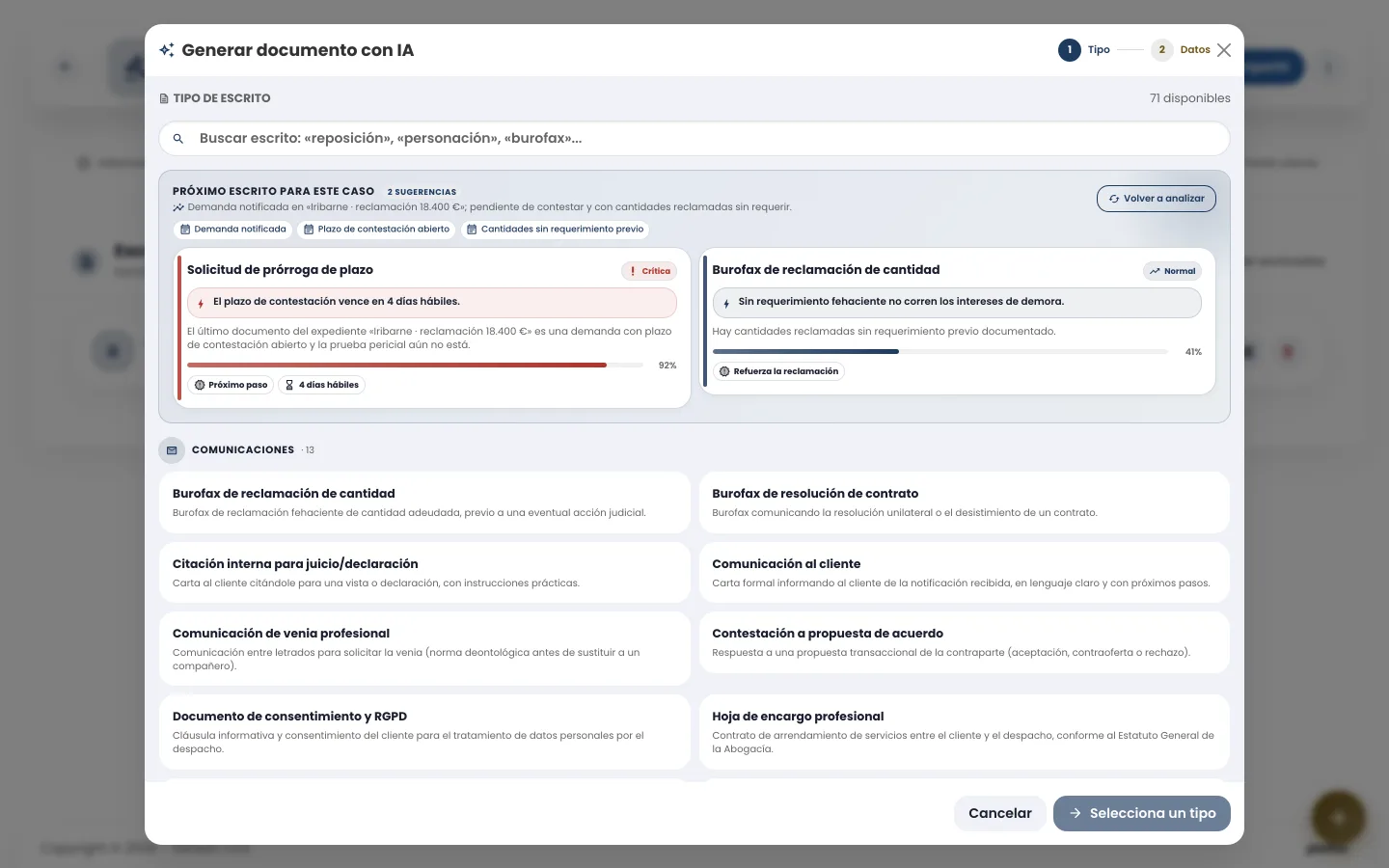 Modal de generación de escritos con IA de pleitox: 71 plantillas disponibles y las sugerencias priorizadas para el caso