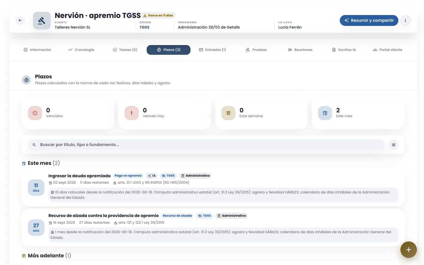 Pestaña de plazos de un expediente de la Tesorería General de la Seguridad Social en pleitox, con el plazo de pago, el recurso de alzada y el contencioso-administrativo, cada uno con su régimen de cómputo y su fundamento legal