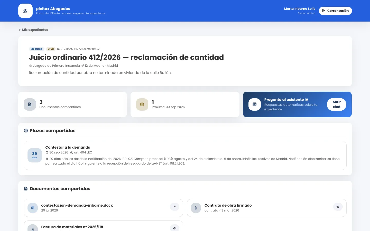 Portal del cliente de pleitox visto por el cliente: su expediente con los plazos y documentos compartidos y el chat del asistente