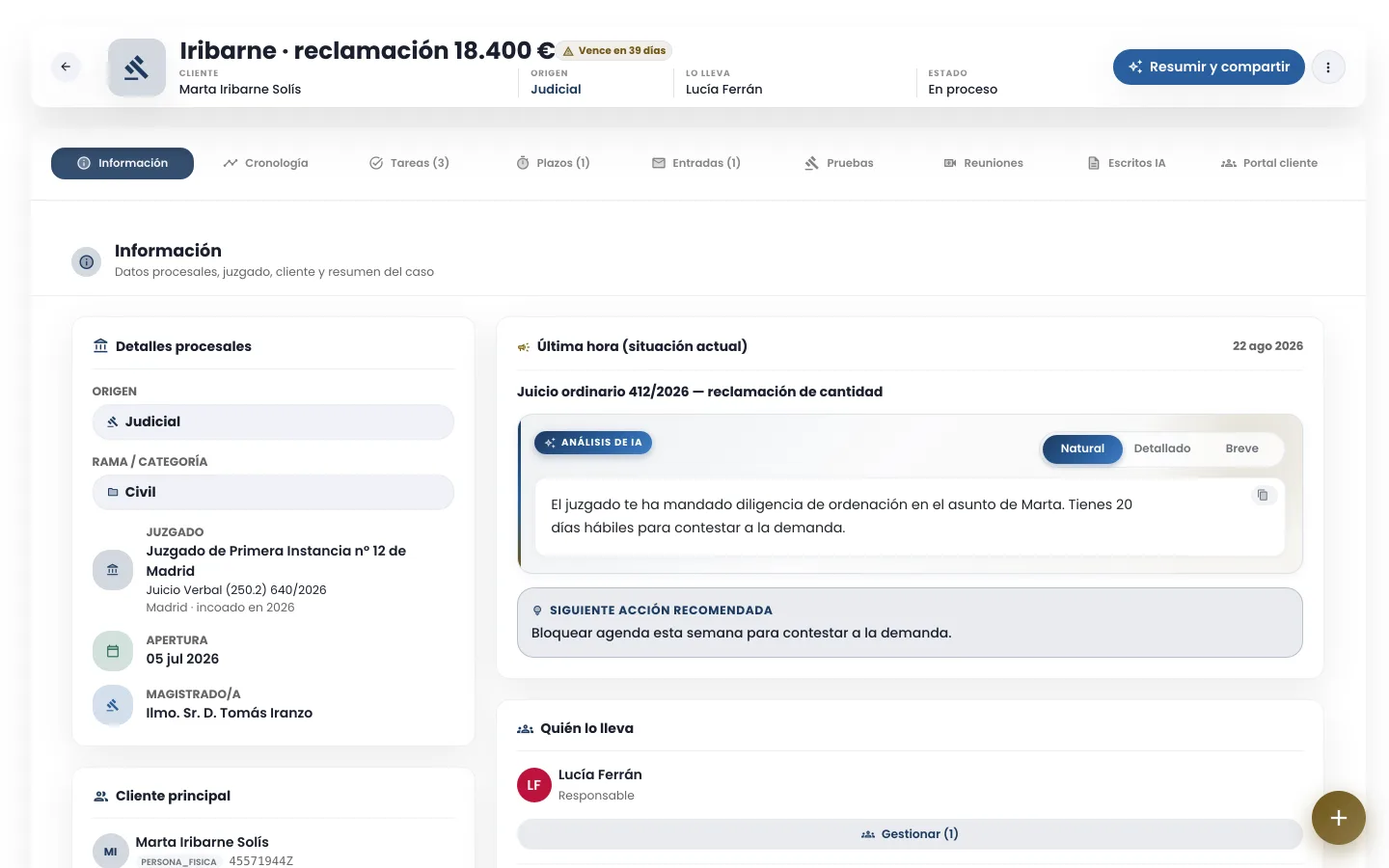 Expediente de pleitox con sus pestañas de información, cronología, tareas, plazos, entradas, pruebas, reuniones, escritos y portal del cliente