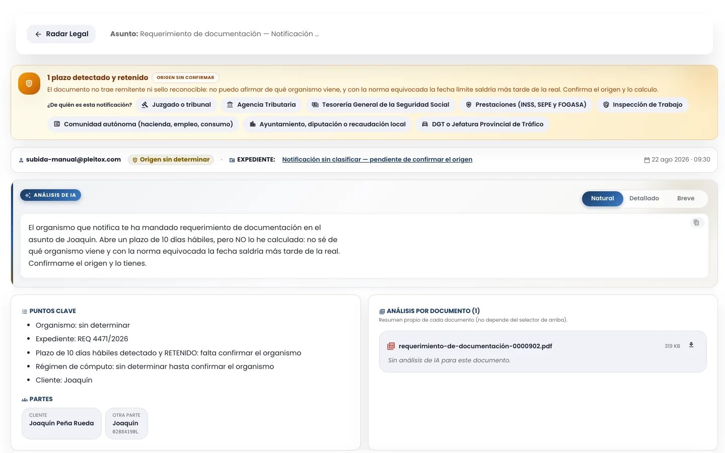 Aviso de pleitox en una notificación sin clasificar: un plazo detectado y retenido, con los ocho organismos posibles para confirmar el origen