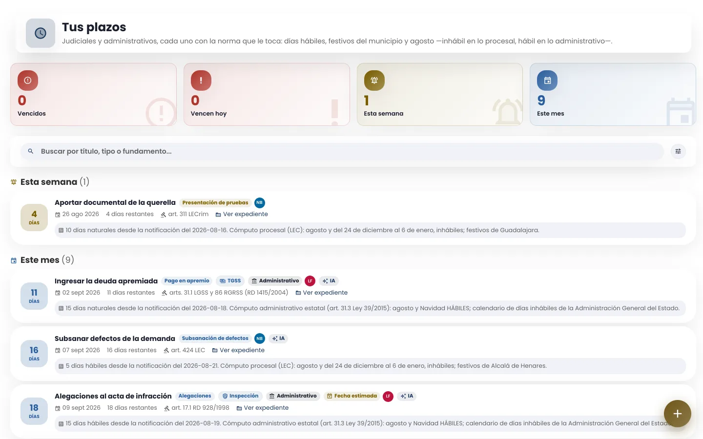 Pantalla de plazos de pleitox con los vencimientos agrupados por urgencia, cada uno con su cómputo y el calendario aplicado