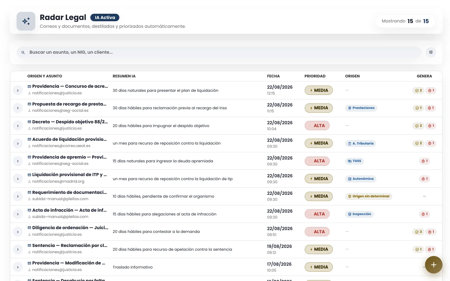 Radar Legal de pleitox con once notificaciones judiciales, su resumen generado por IA, la prioridad y las tareas y plazos que producen