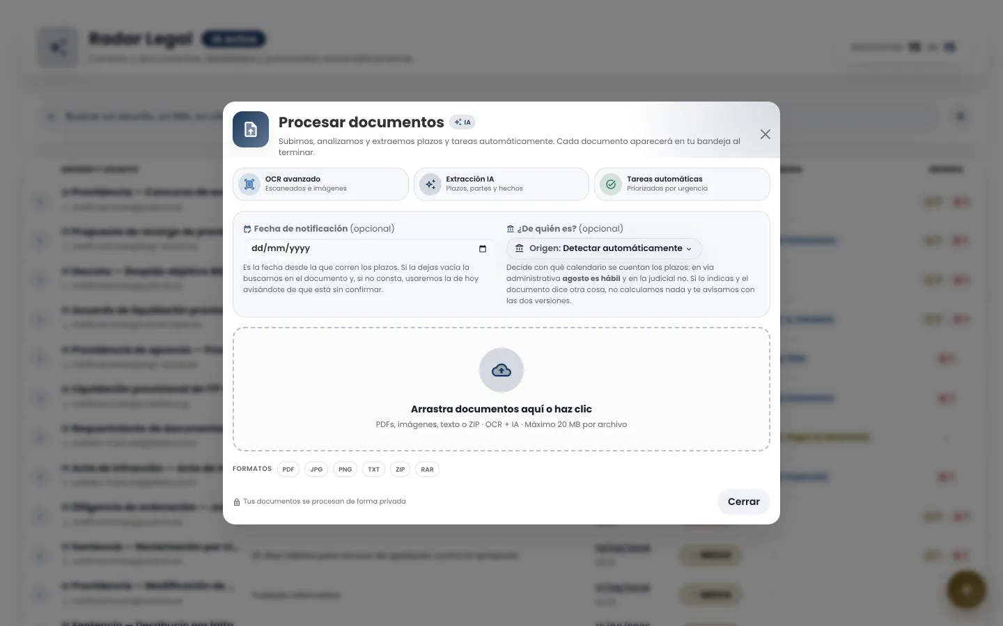 Modal de subida de documentos de pleitox con el campo de fecha de notificación para el cómputo de plazos