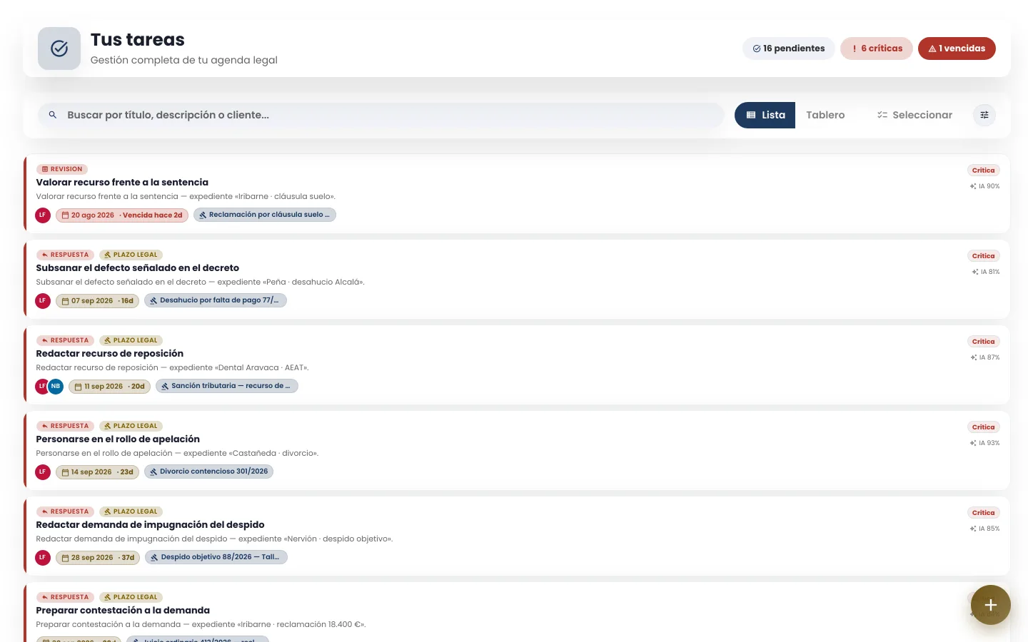 Lista de tareas de pleitox con prioridad crítica, tipo de tarea, expediente asociado y días restantes